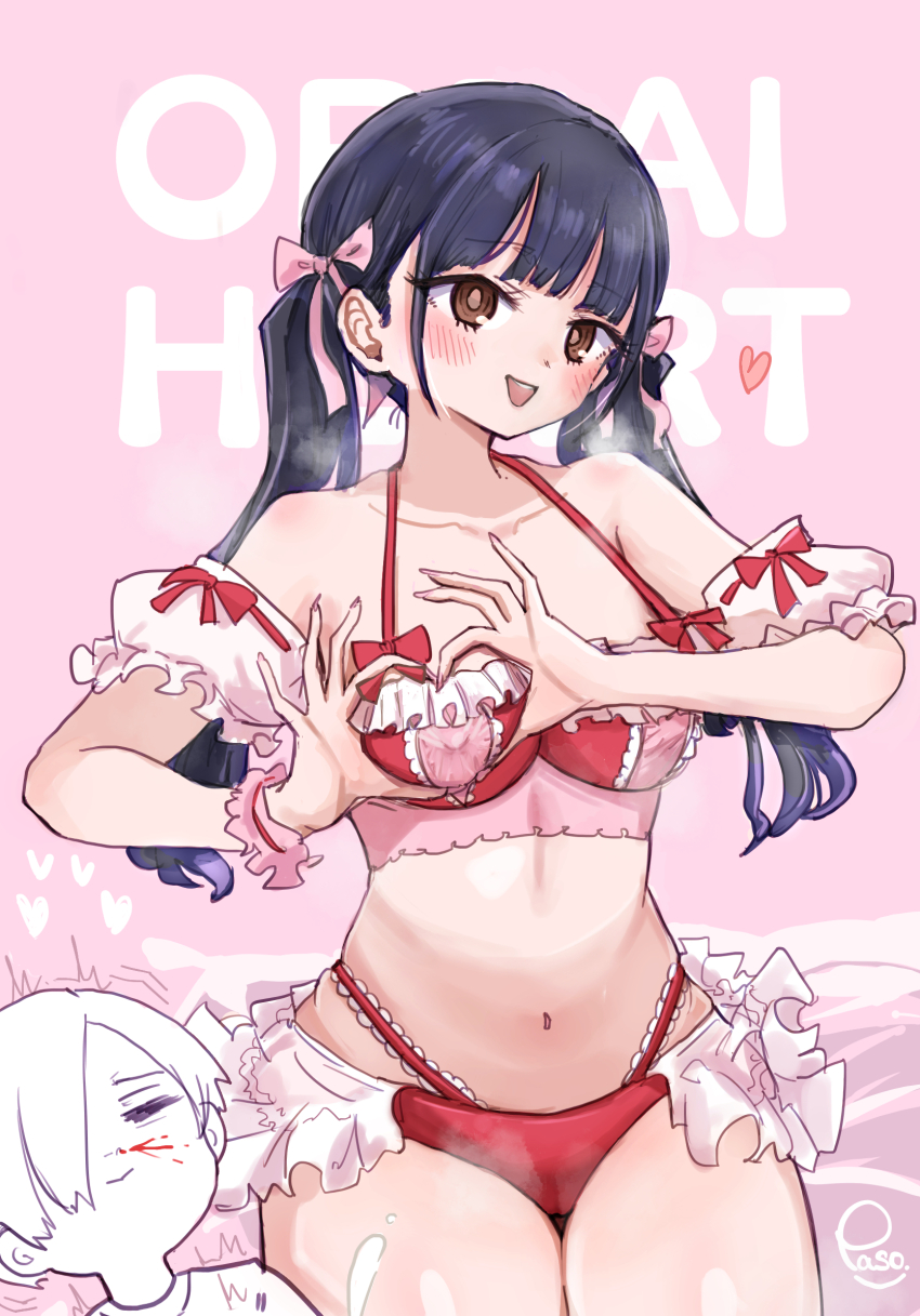 1boy 1girl bikini black_hair blood blush boku_no_kokoro_no_yabai_yatsu breasts brown_eyes commentary_request covered_erect_nipples detached_sleeves frilled_bikini frills heart heart-shaped_boob_challenge heart_hands highres ichikawa_kyoutarou large_breasts large_variant_set long_hair looking_at_viewer navel nosebleed official_alternate_costume open_mouth paso pink_background red_bikini ribbon smile solo_focus swimsuit variant_set yamada_anna