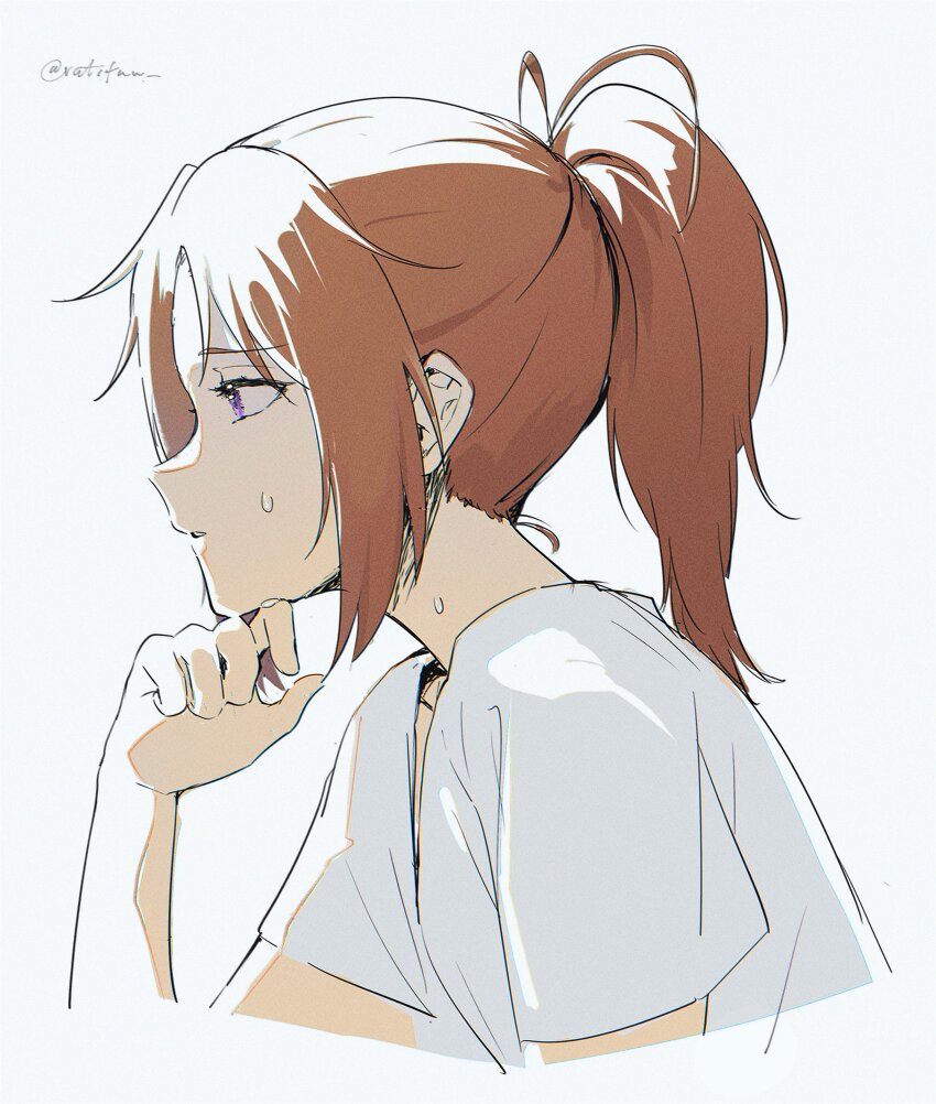 1girl absurdres brown_hair hibike!_euphonium highres long_hair nakagawa_natsuki parted_lips ponytail purple_eyes ratifuu shirt short_sleeves simple_background solo sweat sweatdrop upper_body white_background white_shirt