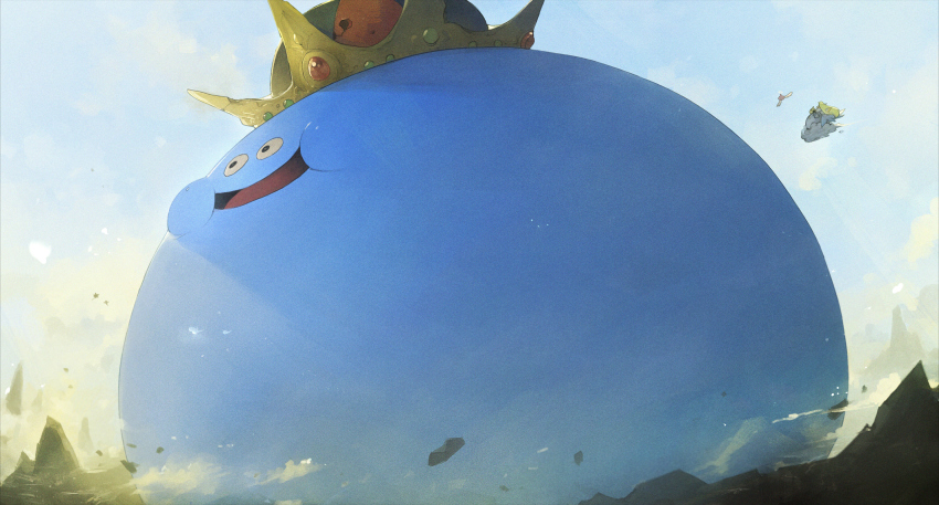 1girl angel_slime cloud crown dragon_quest floating_rock flying_nimbus giant giant_monster highres king_slime_(dragon_quest) landscape linne_(hld_doreko) mountain sky smile