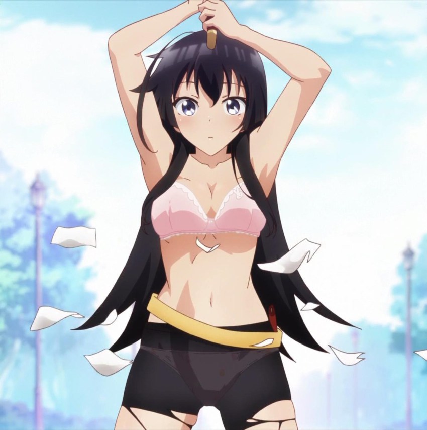 1girl black_hair blue_eyes blush bra breasts female_focus hanging_breasts highres hip_focus jinryou_karen long_hair miniskirt ore_ga_ojou-sama_gakkou_ni_&quot;shomin_sample&quot;_toshite_rachirareta_ken panties panties_under_pantyhose pantyhose pink_bra screencap silver_link skirt solo sword thick_thighs thighs torn torn_clothes torn_legwear traditional underwear weapon