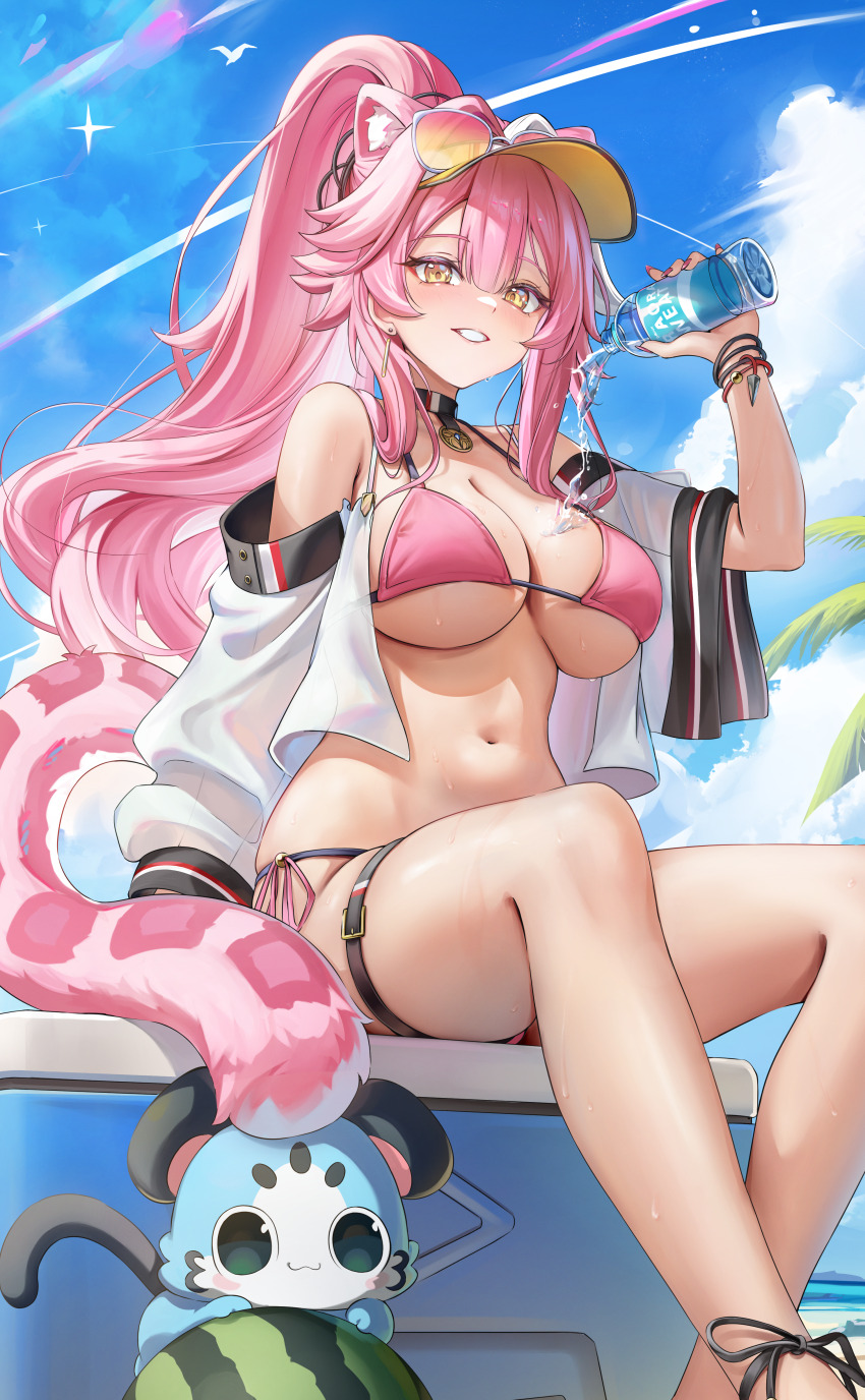 1girl absurdres alternate_costume animal_ear_fluff animal_ears aoi_13 beach bikini blue_sky bottle breasts chattino_(raora_panthera) cleavage cloud cloudy_sky commentary_request cropped crossed_ankles day extra_ears food fruit highres holding holding_bottle hololive hololive_english large_breasts long_hair looking_at_viewer mixed-language_commentary mountainous_horizon nail_polish navel ocean outdoors palm_tree panther_ears panther_girl panther_tail pink_bikini pink_hair plastic_bottle ponytail raora_panthera sandals sky smile spilling stomach swimsuit tail thigh_strap thighs toenail_polish toenails toes tree virtual_youtuber water_bottle watermelon wet yellow_eyes