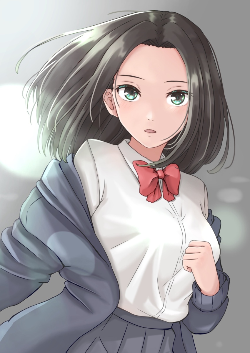 1girl black_hair bow bowtie floating_hair green_eyes grey_jacket grey_skirt hakuino_hakase highres jacket looking_at_viewer off_shoulder open_clothes open_jacket open_mouth original pleated_skirt red_bow red_bowtie school_uniform shirt skirt solo white_shirt