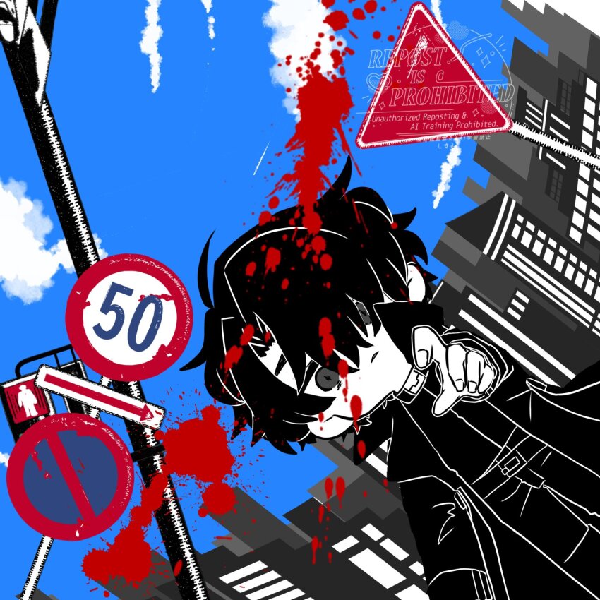 1boy black_coat black_eyes black_hair black_shirt blood blood_splatter cloud cloudy_sky coat commentary day double-parted_bangs dutch_angle english_commentary hair_between_eyes hair_over_one_eye hand_up highres kagerou_days_(vocaloid) kimidori_22 male_focus omniscient_reader&#039;s_viewpoint open_clothes open_coat pedestrian_lights pointing pointing_at_viewer popped_collar road_sign shirt short_hair sign sky skyline solo yoo_joonghyuk