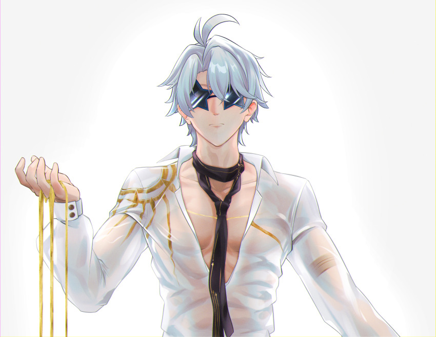 1boy absurdres ahoge akaika_(aka) cosplay highres hino_satoshi honkai:_star_rail honkai_(series) honkai_impact_3rd kevin_kaslana kevin_kaslana_(cosplay) large_pectorals liquid_gold male_focus official_alternate_costume open_clothes open_shirt pectorals phainon_(honkai:_star_rail) shirt short_hair simple_background solo star-shaped_eyewear star_(symbol) upper_body white_background white_hair white_shirt