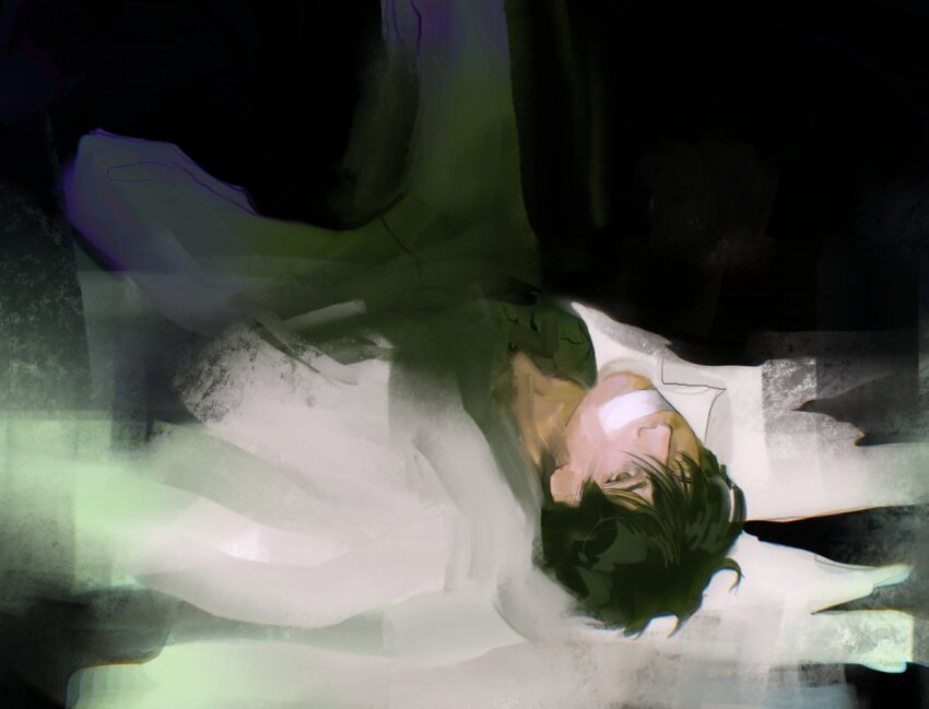 1boy black_eyes black_hair black_shirt coat fading from_above gag hair_over_one_eye improvised_gag kim_dokja knees_up looking_at_viewer lying macaronijail male_focus omniscient_reader&#039;s_viewpoint on_back shirt short_hair solo spread_legs tape tape_gag white_coat