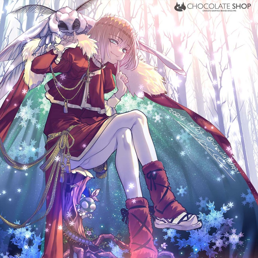 1boy aiguillette blanca_(fate) blonde_hair blue_eyes bug cape centipede choco_(chocolate_shop) crown day diamond_hairband fate/grand_order fate_(series) fur-trimmed_cape fur_trim highres index_finger_raised insect leg_warmers leggings long_sleeves looking_at_viewer male_focus medium_hair moth moth_on_hand mushroom oberon_(fate) outdoors red_robe robe sitting on_tree_stump smile snowflake_print tree tree_stump white_leggings winter