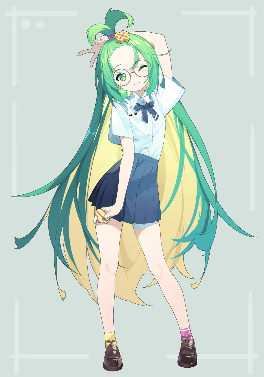 1girl absurdres aiee arm_on_own_head black_ribbon black_skirt blush breasts brown_footwear closed_mouth collar collared_shirt colored_inner_hair dot_nose fang forehead full_body green_eyes green_hair grey_background gyaru_v hair_ornament highres large_forehead loafers long_hair multicolored_hair neck_ribbon one_eye_closed original pink_socks pleated_skirt ribbon round_eyewear school_uniform shirt shoes short_sleeves sidelocks simple_background skirt small_breasts socks standing symbol-shaped_pupils thigh_strap v very_long_hair white_collar white_shirt x-shaped_pupils x_hair_ornament yellow_socks