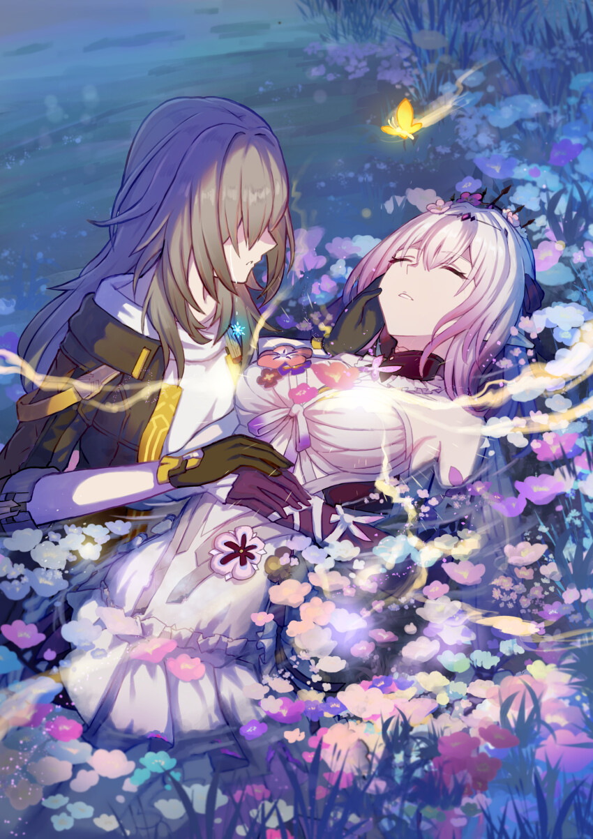 2girls absurdres black_gloves black_jacket black_tiara breasts castorice_(honkai:_star_rail) closed_eyes commentary_request commission dress field flower flower_field gloves grey_hair hair_flower hair_ornament hand_on_another&#039;s_cheek hand_on_another&#039;s_face highres honkai:_star_rail honkai_(series) isome jacket long_hair lying md5_mismatch medium_breasts multiple_girls on_back parted_lips pixiv_commission pointy_ears purple_gloves purple_hair resolution_mismatch shirt source_smaller stelle_(honkai:_star_rail) tiara trailblazer_(honkai:_star_rail) white_dress white_shirt