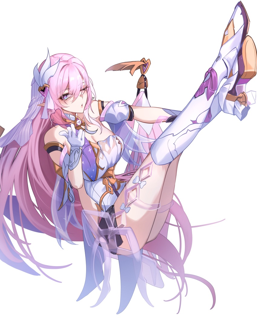 1girl absurdres bare_shoulders black_shorts blowing_kiss boots breasts cleavage commentary_request diamond-shaped_pupils diamond_(shape) elysia_(herrscher_of_human:_ego)_(honkai_impact) elysia_(honkai_impact) full_body gloves hair_ornament hand_up high_heel_boots high_heels highres honkai_(series) honkai_impact_3rd kamishiro_noa knee_boots large_breasts legs_up leotard long_hair looking_at_viewer one_eye_closed parted_lips partial_commentary pink_hair purple_eyes shorts sideless_leotard simple_background solo symbol-shaped_pupils veil very_long_hair white_background white_boots white_gloves white_leotard white_veil