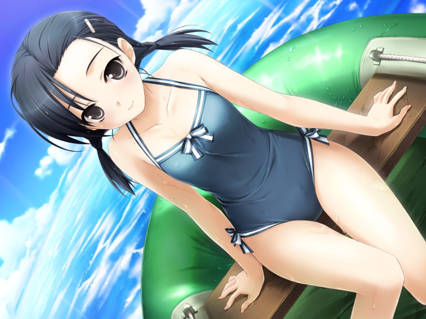 1girl black_eyes black_hair boat cloud collarbone day dutch_angle female_focus fisheye flat_chest game_cg hair_ornament hairclip haruka_na_sora hashimoto_takashi highres hip_focus kuranaga_kozue ocean one-piece_swimsuit outdoors sky solo swimsuit thigh_gap twintails watercraft wet yosuga_no_sora