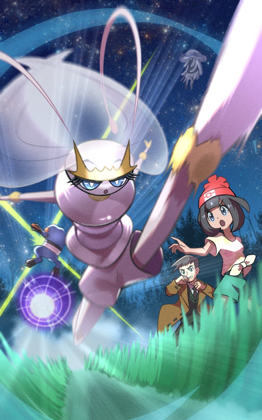 1boy 1girl beanie blue_eyes bright_pupils colored_skin croagunk emphasis_lines eyelashes gen_4_pokemon gen_7_pokemon grass hat highres inana_umi joints kicking long_hair looker_(pokemon) night night_sky nihilego nintendo open_mouth pheromosa pokemon pokemon_(creature) pokemon_sm red_headwear selene_(pokemon) sky star_(sky) ultra_beast v-shaped_eyebrows very_long_hair white_hair white_skin