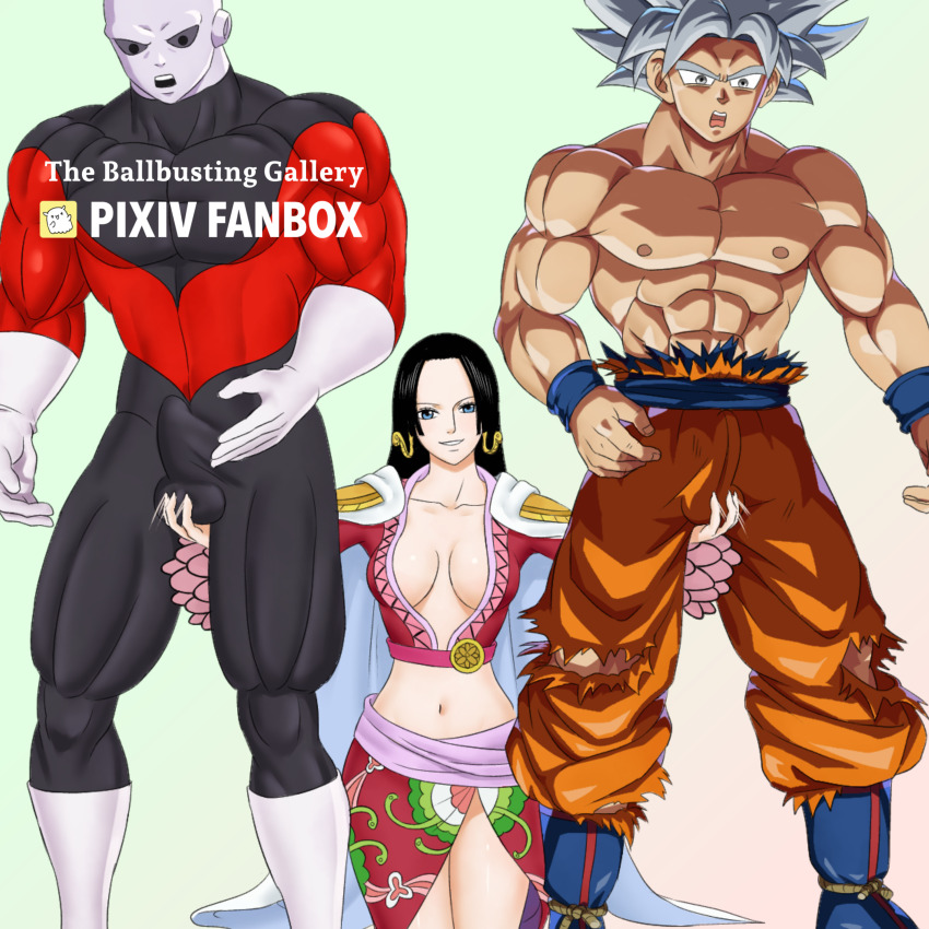 1girl 2boys absurdres ballbustinggallery boa_hancock breasts bulge cleavage crossover dragon_ball highres jiren large_breasts multiple_boys one_piece self-upload son_goku testicle_grab