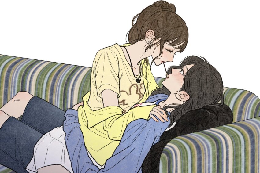 2girls black_hair brown_hair coach ear_piercing food food_in_mouth hand_on_another&#039;s_shoulder jewelry lying multiple_girls necklace original piercing pocky pocky_in_mouth pocky_kiss ponytail shared_food sitting sitting_on_lap sitting_on_person stuffed_toy yuri
