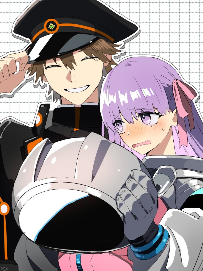 1boy 1girl artist_name bb_(fate) bb_cosmo_(fate) black_hat black_jacket black_shirt blunt_bangs blush breasts brown_hair closed_eyes collared_jacket commentary fate/grand_order fate_(series) gloves grey_gloves grid_background grin hair_between_eyes hair_ribbon hand_on_headwear hat helmet highres holding holding_helmet jacket kishinami_hakuno_(male) kishinami_hakuno_(male)_(mooncancer) large_breasts long_sleeves looking_at_another nervous_sweating outline pink_ribbon pirohi_(pirohi214) purple_eyes purple_hair ribbon shirt short_hair small_sweatdrop smile space_helmet spacesuit sweat symbol-only_commentary wavy_mouth white_outline zipper