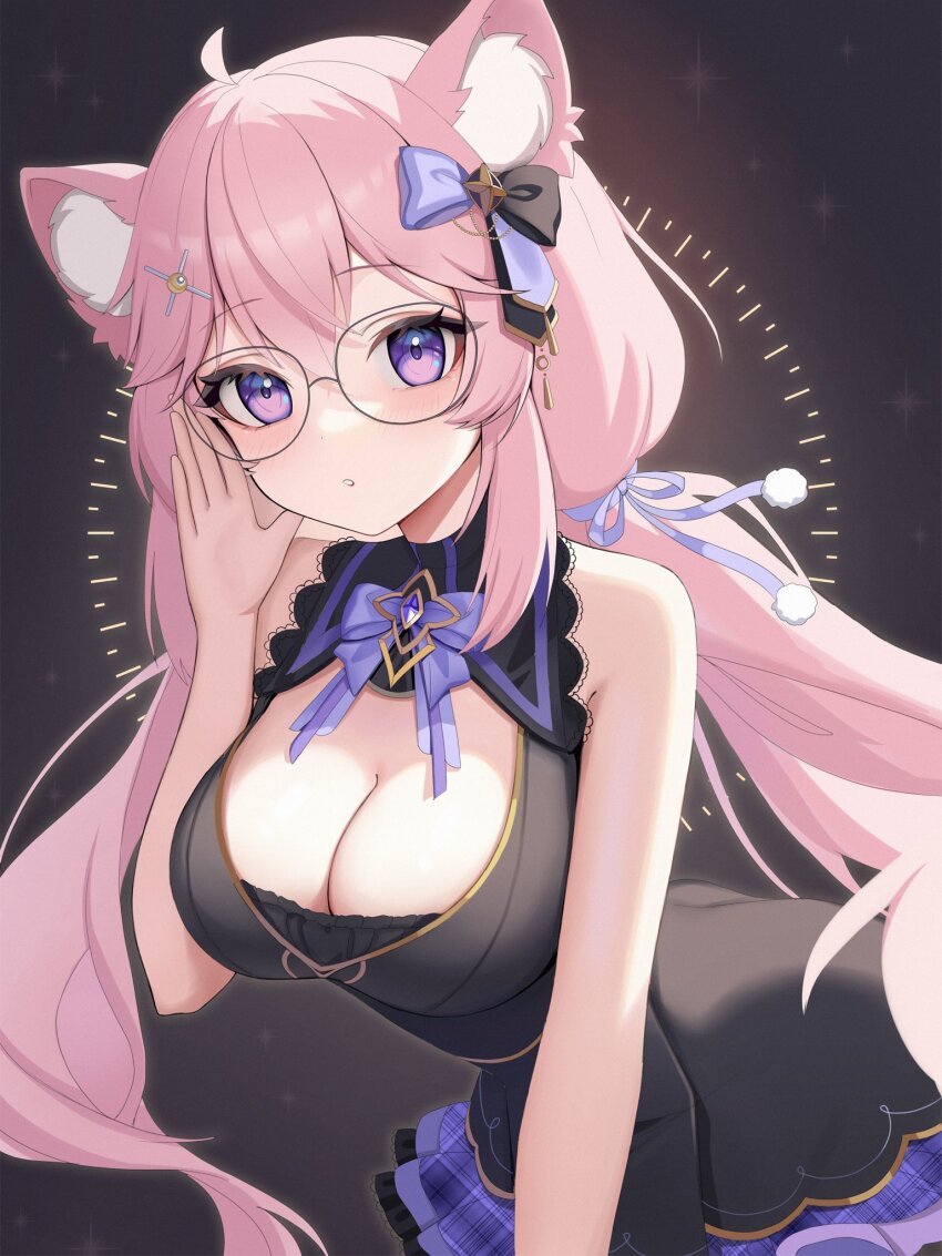 1girl adjusting_eyewear ahoge animal_ears back_bow bare_shoulders black-framed_eyewear black_dress blush bow bowtie breasts cat_ears cat_girl cleavage commentary dress glasses hair_bow hair_ornament hair_ribbon hairclip hashtag-only_commentary highres hoshimurii indie_virtual_youtuber large_breasts layered_skirt leaning_forward long_hair looking_at_viewer nyatasha_nyanners pink_hair plaid_clothes plaid_skirt pom_pom_(clothes) pom_pom_hair_ornament purple_bow purple_bowtie purple_eyes purple_ribbon purple_skirt ribbon skirt solo twintails two-tone_bow virtual_youtuber
