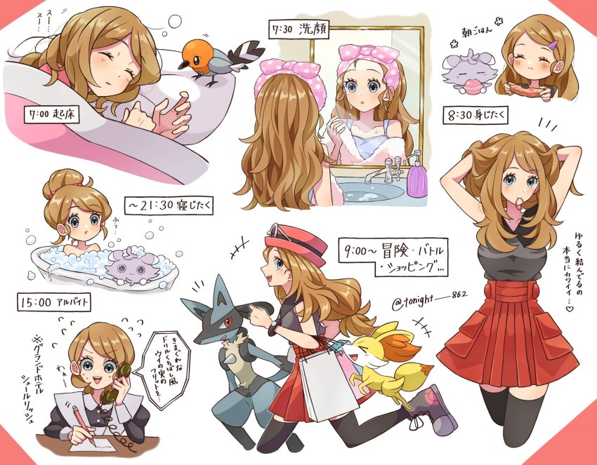 1girl bag bath bathtub bed black_thighhighs blanket blonde_hair blue_eyes blue_tank_top blush breasts closed_eyes closed_mouth commentary_request dressing eating espurr eyewear_on_headwear fennekin fletchling food gen_4_pokemon gen_6_pokemon hair_bun hair_tie_in_mouth hairband hat highres holding holding_bag holding_pen long_hair lucario mirror mouth_hold nintendo open_mouth pajamas paper pen phone pillow pink_hat pink_pajamas pokemon pokemon_(creature) pokemon_xy rain_(tonight_862) red_hat red_skirt serena_(pokemon) shirt shopping_bag sink skirt sleeping sleeveless sleeveless_shirt smile soap soap_bubbles speech_bubble sunglasses talking_on_phone tank_top thighhighs towel translation_request tying_hair under_covers waitress water white-framed_eyewear writing