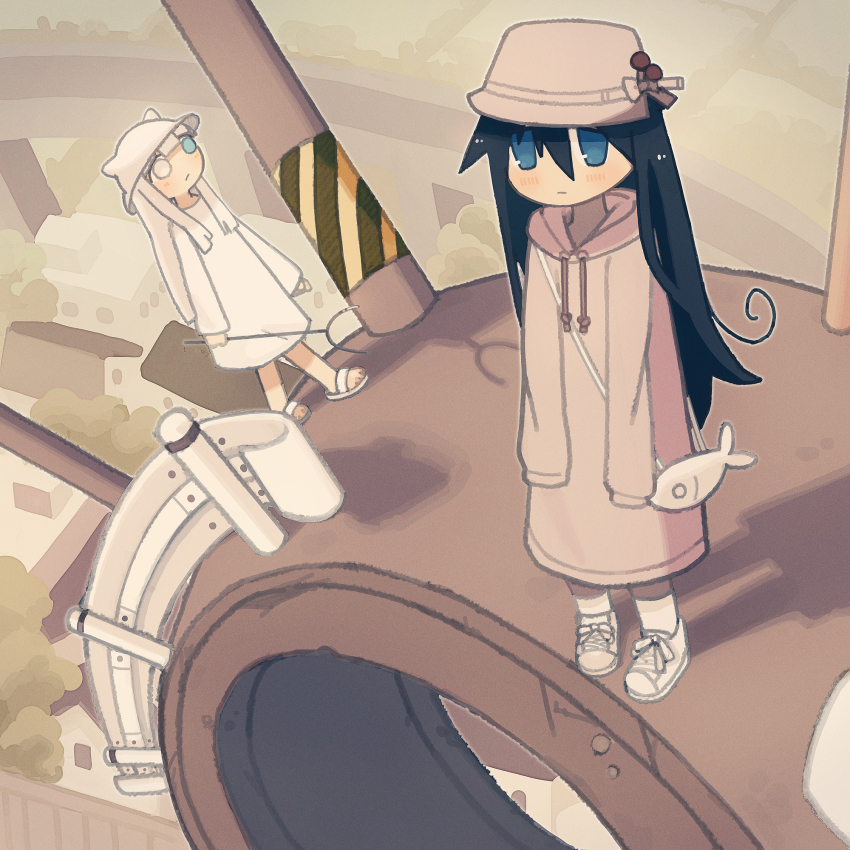 2girls animal_bag arms_at_sides bag black_hair blue_eyes blush brown_hat brown_robe bucket_hat closed_mouth fish from_above full_body futami_ya guard_rail hair_between_eyes hat heterochromia highres holding holding_staff hood hood_down hooded_robe horned_hat localized_gravity long_hair long_sleeves looking_ahead looking_at_viewer multiple_girls outdoors road robe sandals shadow shimeji_simulation shoes shoulder_bag sidelocks sleeves_past_fingers sleeves_past_wrists sneakers staff standing surreal the_gardener_(shimeji_simulation) town tsukishima_shijima utility_pole white_footwear white_hair white_hat white_robe yellow_eyes