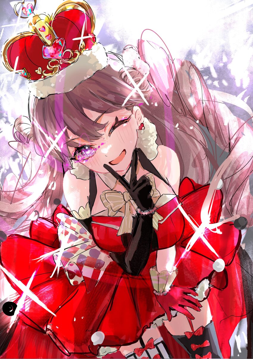 1girl ;d absurdres arched_crown armpit_crease asymmetrical_gloves bare_shoulders bent_over black_gloves black_thighhighs blush bow bow-shaped_hair bowtie breasts brown_hair commentary_request cowboy_shot crown dress elbow_gloves frilled_dress frills fujishima_megumi gloves head_tilt highres jin_(oihlf) large_breasts link!_like!_love_live! long_hair looking_at_viewer love_live! mismatched_gloves mismatched_thighhighs official_alternate_costume one_eye_closed open_mouth pinstripe_thighhighs purple_eyes red_crown red_dress red_gloves single_elbow_glove sleeveless sleeveless_dress smile solo sparkle thighhighs two_side_up uneven_gloves v v_over_mouth virtual_youtuber white_thighhighs yellow_bow yellow_bowtie zenhoi_kyun