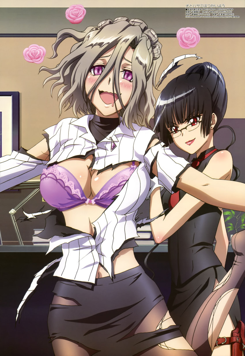 10s 2girls absurdres alternate_hairstyle bespectacled black_hair blush bow bow_bra bra breasts brown_hair cleavage flower glasses hat highres hiiragi_suzuna holster inu_to_hasami_wa_tsukaiyou leg_lift lips lipstick makeup megami_magazine multiple_girls natsuno_kirihime navel non-web_source official_art open_mouth over-rim_eyewear pantyhose pink_eyes purple_bra red_eyes satou_youko scan semi-rimless_eyewear thigh_holster torn_clothes torn_legwear underwear wavy_mouth