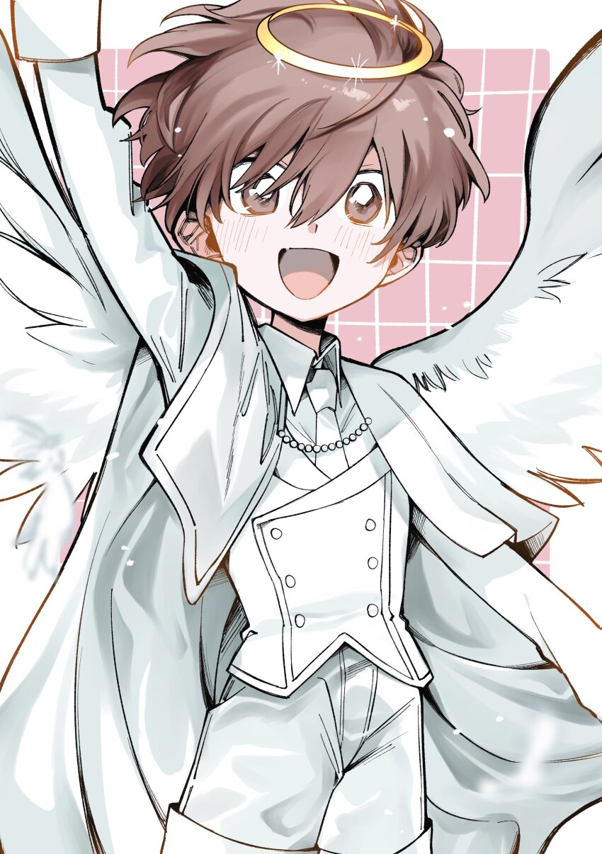 1boy :d absurdres angel_wings arm_up boots brown_eyes brown_hair buttons chain collared_shirt commentary_request florian_(pokemon) gloves hair_between_eyes halo happy hei_tai_(kyaputen1) highres male_focus necktie nintendo open_mouth pants pokemon pokemon_sv shirt short_hair smile solo thigh_boots vest white_vest wings