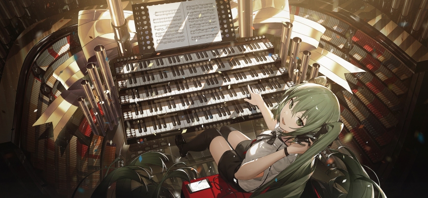 1girl :d black_bow black_bowtie black_ribbon black_shoes black_shorts black_thighhighs bow bowtie collared_shirt from_above full_body green_eyes green_hair hair_between_eyes hair_ribbon hatsune_miku headphones highres instrument kieed long_hair looking_back open_mouth organ_(instrument) ribbon sheet_music shirt shoes short_sleeves shorts sitting smile solo thighhighs twintails vocaloid white_shirt