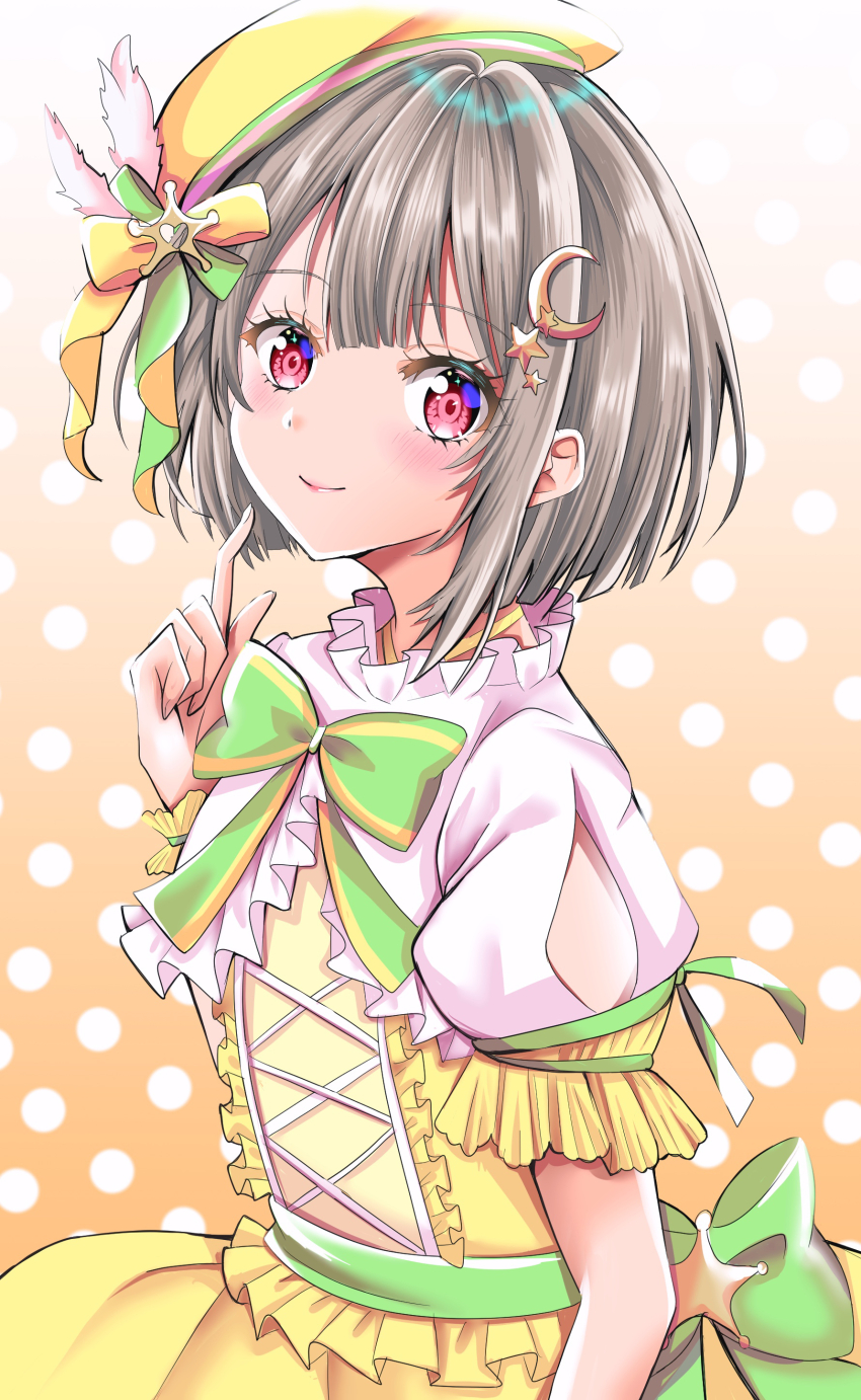 1girl absurdres asymmetrical_hair blush bob_cut bow bowtie closed_mouth commentary crescent crescent_hair_ornament diamond_(love_live!) gradient_background green_bow green_bowtie grey_hair hair_ornament hairclip highres looking_at_viewer love_live! love_live!_nijigasaki_high_school_idol_club maymaru nakasu_kasumi orange_background pointing pointing_at_self pointy_ears polka_dot polka_dot_background puffy_short_sleeves puffy_sleeves shirt short_hair short_sleeves skirt solo split_mouth yellow_shirt yellow_skirt