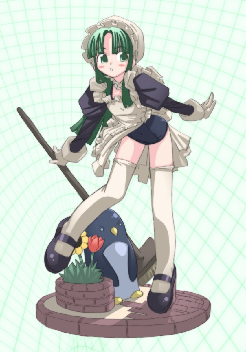 1girl apron bird black_shoes blue_one-piece_swimsuit blush broom flower frilled_apron frills gloves green_background green_eyes green_hair grid_background hat highres holding holding_broom juliet_sleeves long_hair long_sleeves looking_to_the_side maid maid_apron mary_janes mob_cap one-piece_swimsuit original penguin platform puffy_sleeves shoes simple_background sleeve_cuffs solo standing standing_on_one_leg swimsuit thighhighs unconventional_maid veloexotica white_apron white_gloves white_hat white_sleeve_cuffs white_thighhighs