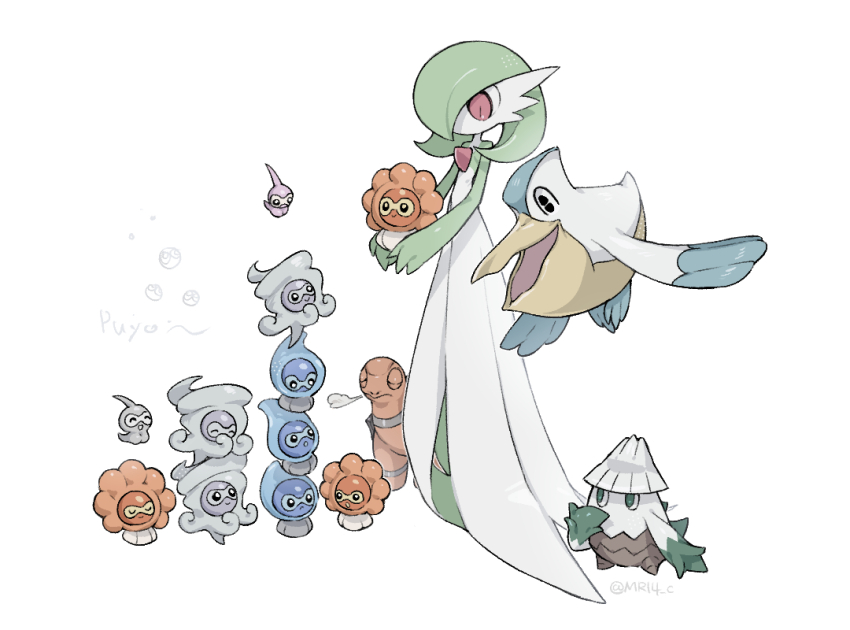 1girl ^_^ bird black_eyes bob_cut breath castform castform_(normal) castform_(rainy) castform_(snowy) castform_(sunny) closed_eyes closed_mouth colored_skin female_focus flat_chest full_body game_freak gardevoir gen_3_pokemon gen_4_pokemon green_eyes green_hair green_skin hair_over_one_eye hand_up happy holding holding_pokemon looking_down multicolored_skin nintendo no_mouth one_eye_covered open_mouth pelipper pokemon pokemon_(creature) puyo_(puyopuyo) puyopuyo red_eyes short_hair simple_background slit_pupils smile snover sok_(mr14_c) standing torkoal turtle two-tone_skin u_u white_background white_skin