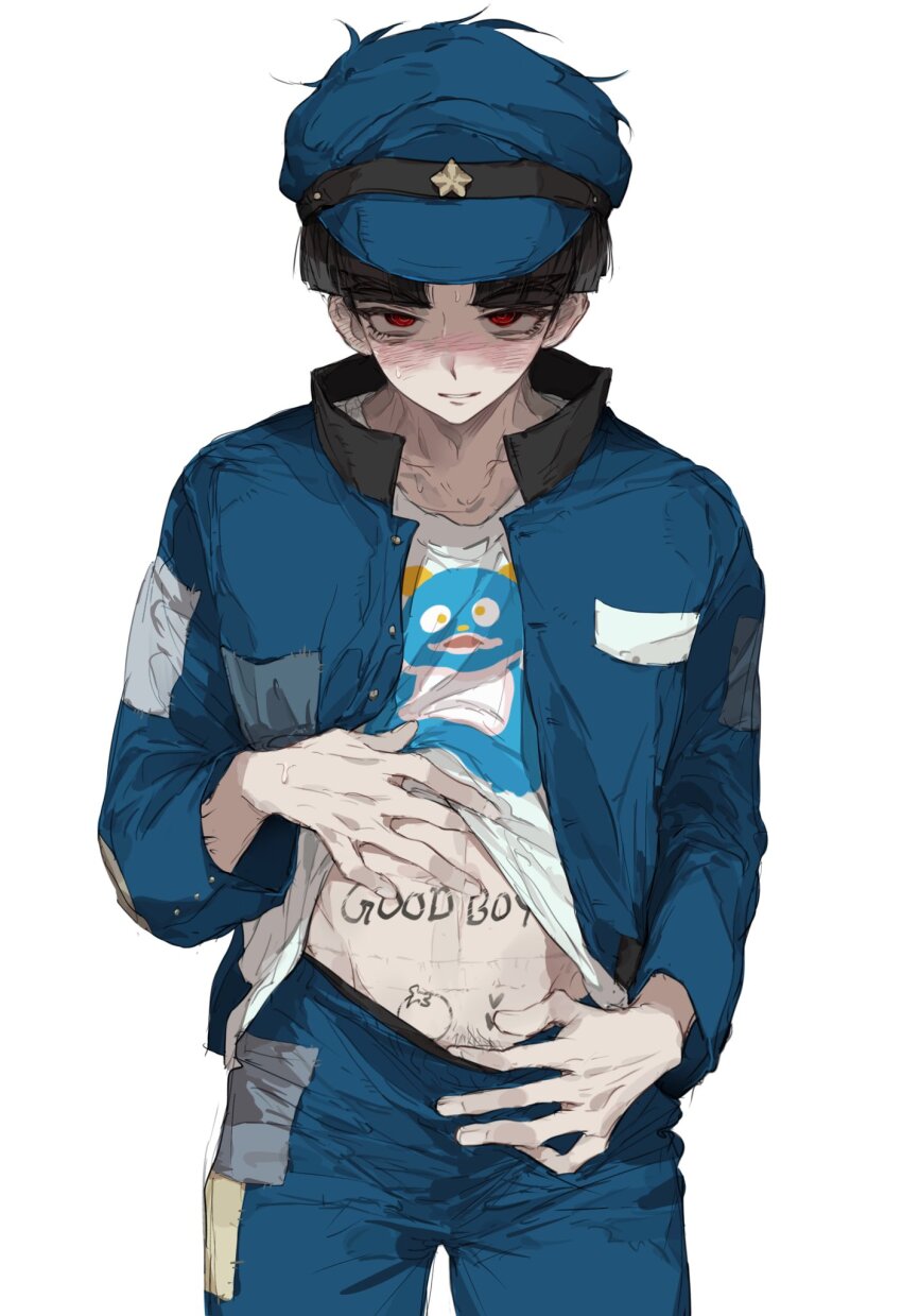 1boy anzekeye black_hair blue_jacket blue_pants clothes_lift hat highres jacket lifting_own_clothes looking_at_viewer male_focus maruko_gaku navel pants print_shirt red_eyes shirt shirt_lift short_hair simple_background solo the_hundred_line_-last_defense_academy- white_background white_shirt