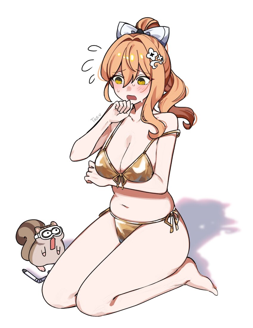 1girl @_@ absurdres alternate_costume arm_under_breasts bare_shoulders barefoot bikini black_survival bow breasts cleavage eternal_return:_black_survival front-tie_bikini_top front-tie_top gold_bikini hair_bow hand_up highres long_hair looking_down medium_breasts navel open_mouth orange_hair ponytail side-tie_bikini_bottom simple_background solo squirrel stomach string_bikini sweat swimsuit taenyaki thighs tia_(black_survival) white_background yellow_eyes