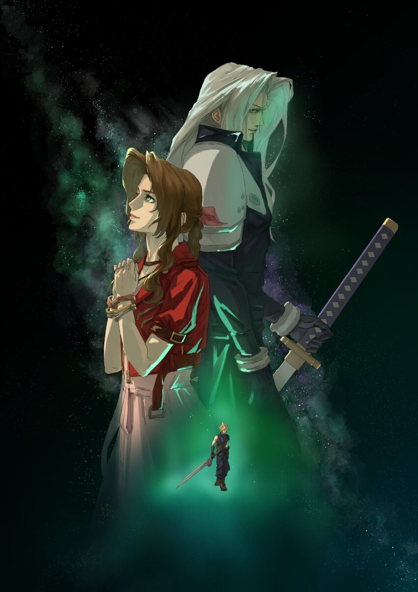 1girl 2boys aerith_gainsborough aqua_eyes armor baggy_pants bangle belt black_coat black_gloves blonde_hair boots bracelet braid braided_ponytail brown_belt brown_boots brown_hair buster_sword choker cloud_strife coat cropped_jacket dress final_fantasy final_fantasy_vii final_fantasy_vii_rebirth final_fantasy_vii_remake full_body gloves green_eyes grey_hair hair_ribbon highres holding holding_sword holding_weapon jacket jewelry lifestream long_bangs long_coat long_dress long_hair long_sleeves looking_up masamune_(ff7) milky_way multiple_boys night night_sky own_hands_clasped own_hands_together pants parted_bangs pauldrons pink_dress pink_ribbon praying red_jacket ribbon sephiroth short_hair shoulder_armor sidelocks single_bare_shoulder single_braid single_pauldron sky smile spiked_hair star_(sky) suspenders sword upper_body wavy_hair weapon xiojio293506