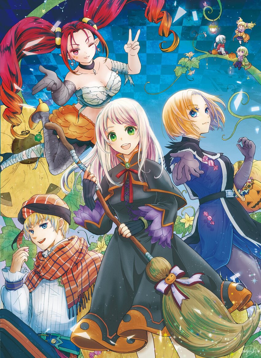 3boys 4girls albino aldo_(ff11) arciela_v_adoulin balaur blonde_hair blue_eyes broom brown_eyes cherukiki chessboard exorcist_miya final_fantasy final_fantasy_xi gingham green_eyes grey_hair halloween halloween_(movie) halloween_costume highres hoshino_miyuki multiple_boys multiple_girls plant pumpkin red_eyes turban vines white_hair