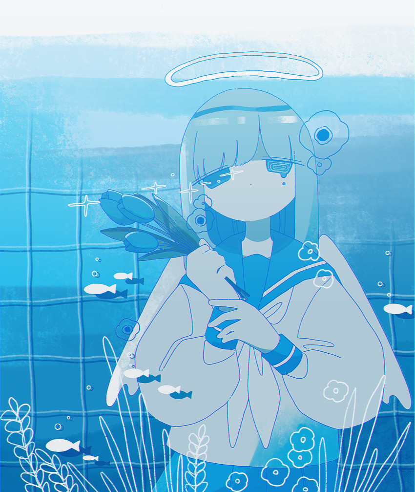 1girl air_bubble blue_flower blue_sailor_collar blue_skirt blue_tulip blunt_bangs bubble closed_mouth cowboy_shot dot_mouth fish flower grey_hair halo highres holding holding_flower jitome long_hair long_sleeves original own_hands_together plant ringed_eyes sailor_collar shirt sidelocks skirt sleeve_cuffs sparkle sskitaco tile_wall tiles tulip underwater white_shirt