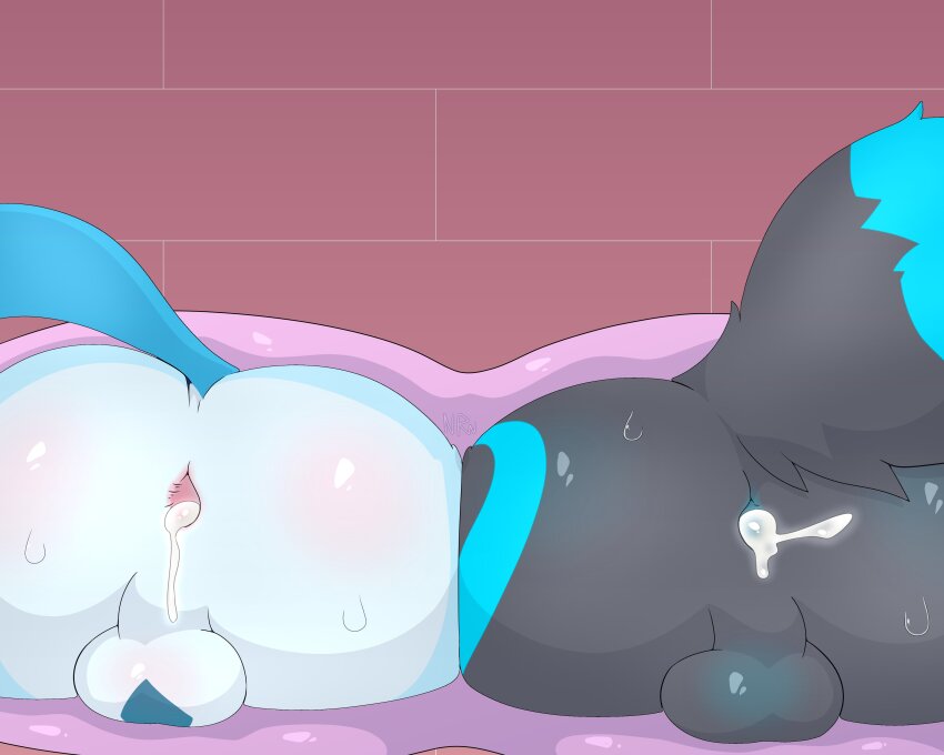 2boys absurdres after_anal aftersex anal anus ass ass_tattoo black_fur blue_fur brick brick_wall cum cum_in_ass cumdrip furry furry_male gen_2_pokemon gen_4_pokemon glaceon glowing_tattoo highres male_penetrated multiple_boys nightmare_lewd nintendo perineum pokemon pokemon_(creature) stuck sweat tail tattoo testicle_tattoo testicles through_wall two-tone_fur umbreon uncensored waist_grab wall yaoi