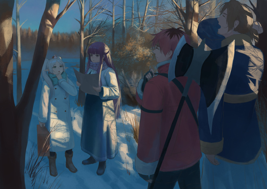 2boys 2girls absurdres axe battle_axe bird black_hair blunt_bangs briefcase brown_eyes closed_eyes elf fern_(sousou_no_frieren) frieren green_eyes highres holding holding_briefcase long_hair multicolored_hair multiple_boys multiple_girls pointy_ears purple_eyes purple_hair red_hair scenery sein_(sousou_no_frieren) sousou_no_frieren stark_(sousou_no_frieren) stille_(sousou_no_frieren) tree twckb twintails two-tone_hair weapon white_hair winter yawning