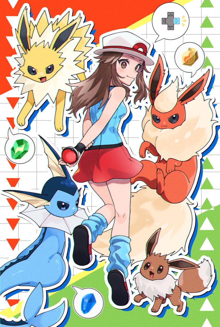 1girl blue_shirt blue_socks brown_eyes brown_hair closed_mouth eevee evolution_stone evolutionary_line evolutionary_stone film_grain fire_stone flareon game_freak gen_1_pokemon hat highres holding holding_poke_ball jolteon leaf_(pokemon) long_hair loose_socks miniskirt nintendo nisanrei121 poke_ball poke_ball_(basic) pokemon pokemon_(creature) pokemon_frlg porkpie_hat red_skirt shirt shoes skirt smile socks speech_bubble spoken_object thunder_stone vaporeon water_stone white_hat