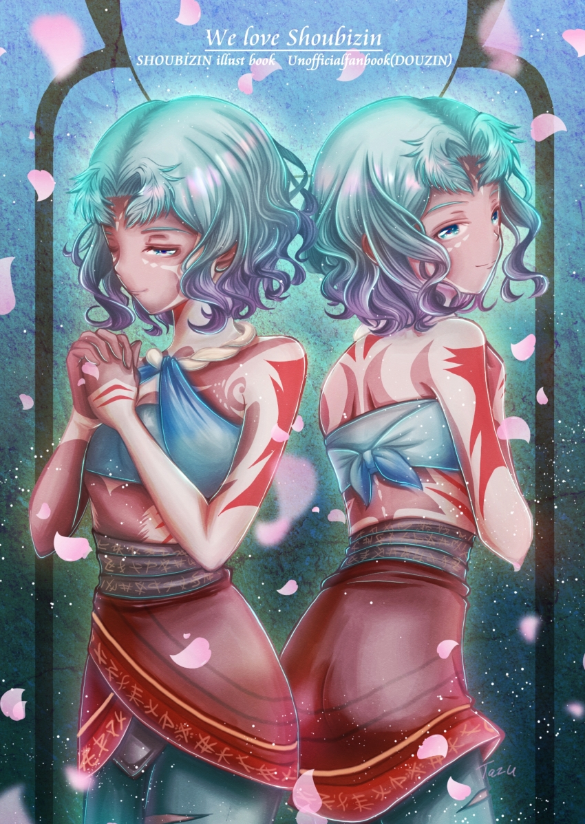 2girls absurdres antennae blue_eyes breasts cherry_blossoms cleavage dark-skinned_female dark_skin godzilla:_city_on_the_edge_of_battle godzilla:_planet_of_the_monsters godzilla:_the_planet_eater godzilla_(series) highres houtua maina miana midriff monster_girl multicolored_hair multiple_girls polygon_pictures revealing_clothes saegusa_tazu siblings sisters small_breasts smile tattoo toho tribal tribal_tattoo twins two-tone_hair