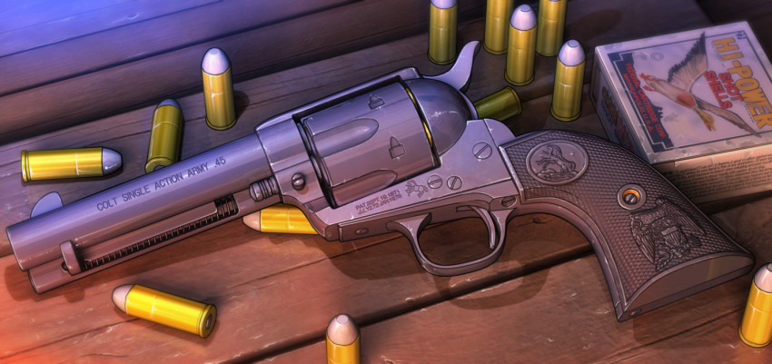 .45_colt ammunition bullet cartridge colt_single_action_army commentary company_name english_text gun handgun handgun_cartridge hase_yu no_humans original revolver revolver_cartridge still_life table weapon wooden_table