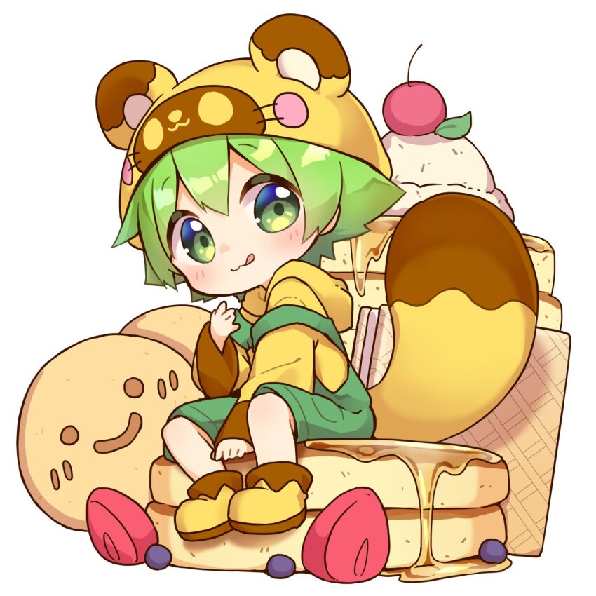 1boy :3 :p ankle_boots blueberry boots botan-kun cherry chibi chibi_only child closed_mouth commentary_request double_strap_slip food fruit full_body green_eyes green_hair green_overalls hair_between_eyes hand_up hat highres hood hood_down hoodie ice_cream long_sleeves male_focus maple_syrup mini_person miniboy nipeira on_food original overalls pancake pancake_stack raccoon_hat short_hair simple_background sitting smile solo strawberry strawberry_slice tareme tongue tongue_out wafer white_background yellow_boots yellow_hat yellow_hoodie