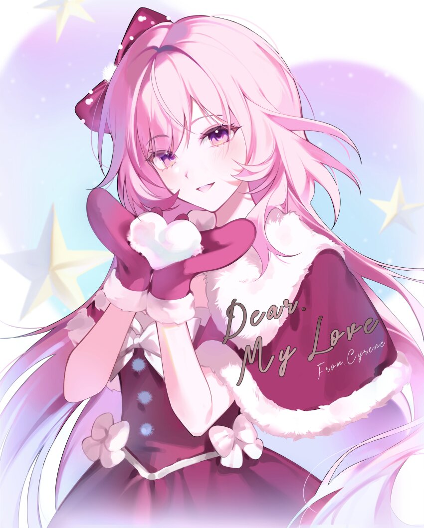 1girl absurdres alternate_costume capelet cyrene_(demiurge)_(honkai:_star_rail) cyrene_(honkai:_star_rail) diamond-shaped_pupils diamond_(shape) dress english_text fur-trimmed_capelet fur_trim gloves hashtag-only_commentary highres holding holding_snowball honkai:_star_rail honkai_(series) long_hair looking_at_viewer nod2_u pink_hair red_capelet red_dress red_gloves snowball solo symbol-shaped_pupils very_long_hair winter_clothes