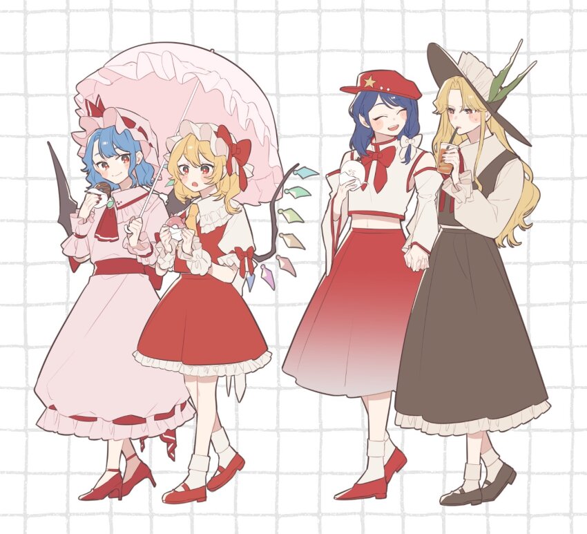 4girls :d :o ascot bat_wings black_hat black_shoes black_skirt black_vest blonde_hair blue_hair bow closed_mouth collared_shirt commentary cowboy_shot cup detached_sleeves disposable_cup dolls_in_pseudo_paradise donut drinking drinking_straw flandre_scarlet food frilled_shirt_collar frills full_body grid_background hair_bow hat hat_bow hat_ornament hat_ribbon high_heels highres holding holding_cup holding_donut holding_food holding_hands holding_umbrella interlocked_fingers jacket_girl_(dipp) label_girl_(dipp) laspberry. long_hair long_sleeves mary_janes medium_hair midriff mob_cap multiple_girls neck_ribbon open_mouth parted_bangs pink_hat pink_shirt pink_skirt puffy_short_sleeves puffy_sleeves red_ascot red_bow red_eyes red_hat red_nails red_ribbon red_shoes red_skirt red_vest remilia_scarlet ribbon shirt shoes short_sleeves siblings simple_background sisters skirt sleeveless sleeveless_shirt smile star_(symbol) star_hat_ornament steamed_bun symbol-only_commentary touhou umbrella very_long_hair vest walking white_background white_bow white_hat white_shirt white_sleeves white_vest wings wrist_cuffs yellow_ascot
