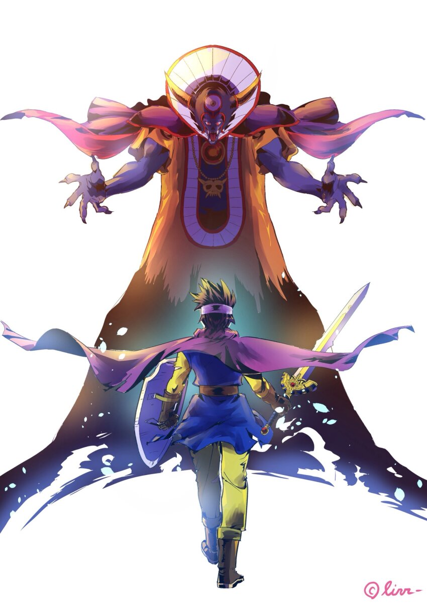 2boys asymmetrical_dual_wielding blue_skin blue_tunic boots brown_boots brown_gloves brown_hair cape circlet colored_skin commentary_request dragon_quest dragon_quest_iii dual_wielding erdrick&#039;s_sword fake_horns fingernails floating_cape floating_clothes floating_hair from_behind gem gloves glowing glowing_eyes height_difference helmet hero_(dq3) highres holding holding_shield holding_sword holding_weapon horned_helmet horns imminent_fight jewelry long_fingernails looking_at_another male_focus monster multiple_boys necklace open_mouth orange_robe pants purple_cape red_cape red_eyes red_gemstone robe roto_(dq3) sharp_fingernails sharp_teeth shey93735903 shield short_hair silver_circlet skull_necklace spiked_hair sword teeth third_eye torn_clothes triclops tunic weapon white_background yellow_horns yellow_pants yellow_sleeves zoma