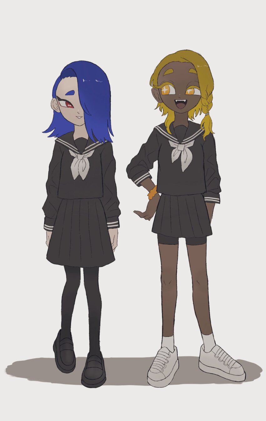 2girls bike_shorts_under_skirt blonde_hair blue_hair braid braided_sidelock bright_pupils dark-skinned_female dark_skin facing_viewer fangs frye_(splatoon) frye_(young)_(splatoon) full_body grey_background hair_over_one_eye hand_on_own_hip humanization kokei_hakai looking_at_another multiple_girls nintendo open_mouth pleated_skirt red_eyes sailor_collar school_uniform scrunchie shiver_(splatoon) shiver_(young)_(splatoon) skirt smile splatoon_(series) splatoon_3 standing white_pupils wrist_scrunchie yellow_eyes