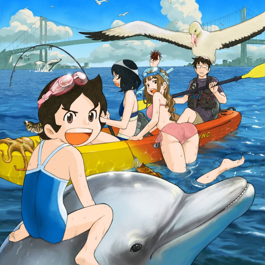1boy 3girls absurdres ass bikini bird black_hair blue_one-piece_swimsuit brown_hair canoe cloud cover cover_page dolphin family father_(yurusaba) father_and_daughter fishing_rod glasses goggles goggles_on_head highres holding holding_oar kayak manga_cover momo_(yurusaba) multiple_girls oar ocean octopus official_art one-piece_swimsuit open_mouth pink_bikini rin_(yurusaba) rowing seagull sekiguchi_taro siblings side-tie_bikini_bottom sisters sitting sitting_on_animal sky snorkel swimsuit tsumugi_(yurusaba) whale yurusaba.