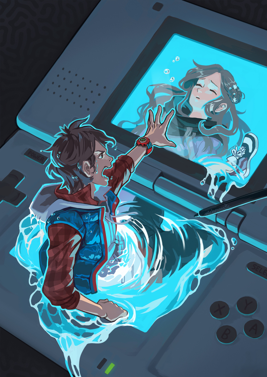 1boy 1girl black_background blue_vest brown_hair closed_eyes commentary english_commentary flower hair_flower hair_ornament handheld_game_console highres junpei_(kyokugen_dasshutsu) kurashiki_akane kyokugen_dasshutsu kyokugen_dasshutsu:_9_jikan_9_nin_9_no_tobira long_hair nichromatic nintendo_ds open_mouth outstretched_arm pants plaid_clothes plaid_shirt red_shirt shirt spoilers stylus underwater vest watch water wet wet_clothes white_flower wristwatch