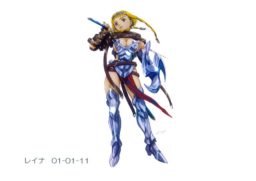 00s 1girl absurdres armor blonde_hair blue_eyes braid breastplate breasts buckle cleavage curvy full_body gauntlets hairband headband highres hisayuki_hirokazu holding holding_sword holding_weapon large_breasts leina_(queen&#039;s_blade) looking_at_viewer looking_to_the_side official_art queen&#039;s_blade revealing_clothes scan shiny_skin side_braid solo standing sword thong twin_braids weapon wide_hips
