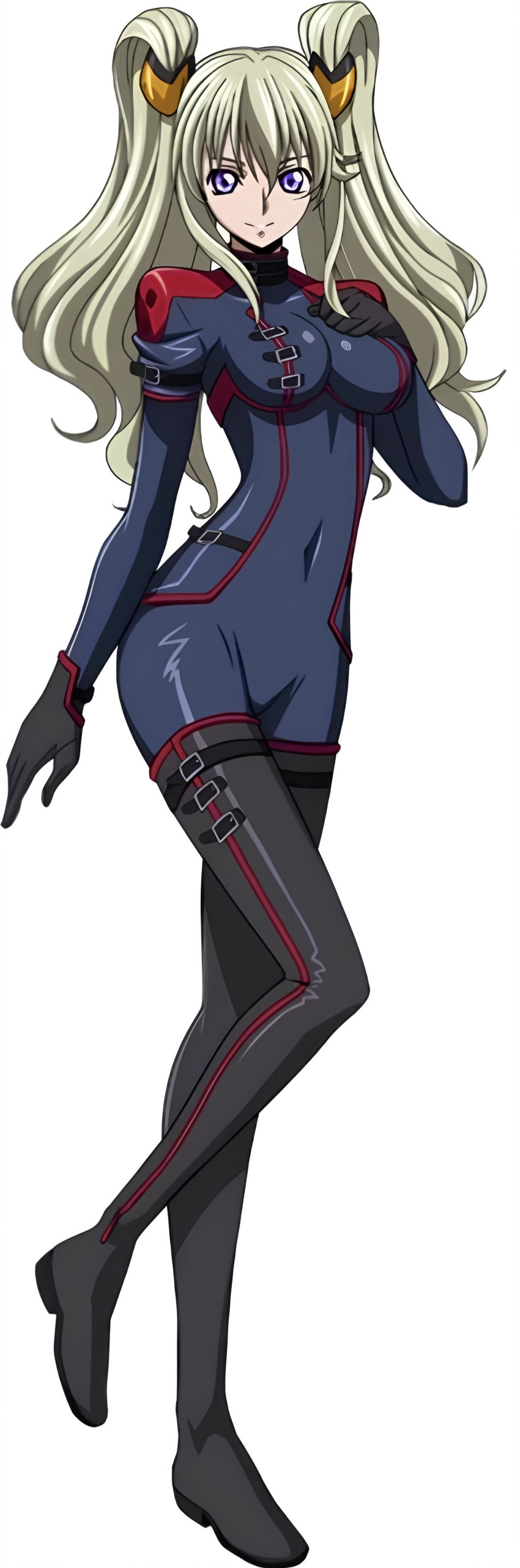 1girl blonde_hair blue_eyes code_geass code_geass:_boukoku_no_akito leila_malcal mecha_pilot_suit skin_tight solo