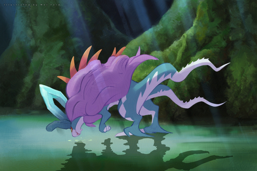 artist_name claws closed_mouth commentary_request day from_side light_rays mei_ford moss nintendo no_humans outdoors pokemon pokemon_(creature) solo standing tree walking_wake