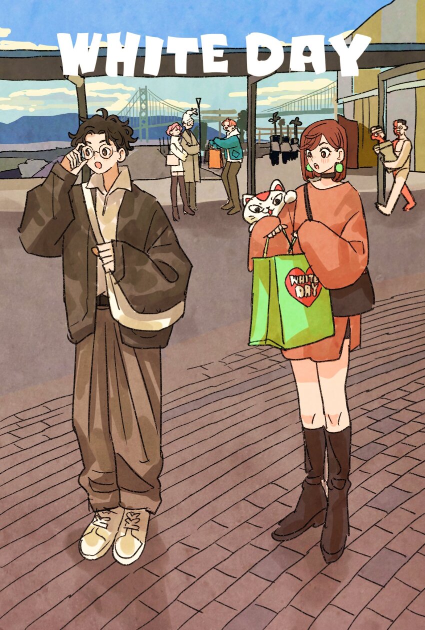 3boys 4girls adjusting_eyewear alternate_costume ayase_momo ayase_seiko bag baggy_pants black_choker black_hair blue_jacket blue_sky boots brown_boots brown_hair brown_jacket brown_pants cat choker cloud cloudy_sky coat dandadan earrings enjoji_jin full_body gift glasses hair_behind_ear hana_(dandadan) highres holding holding_bag jacket jewelry long_hair long_shirt long_sleeves medium_hair multiple_boys multiple_girls open_mouth outdoors pants pink_hair pink_shirt red_hair round_eyewear serpo_(dandadan) shiratori_aira_(dandadan) shirt short_hair shoulder_bag sky sleeves_past_wrists standing takakura_ken_(dandadan) takeuchi_ryousuke taro_(dandadan) turbo_granny_(dandandan) walking white_day white_hair white_shirt