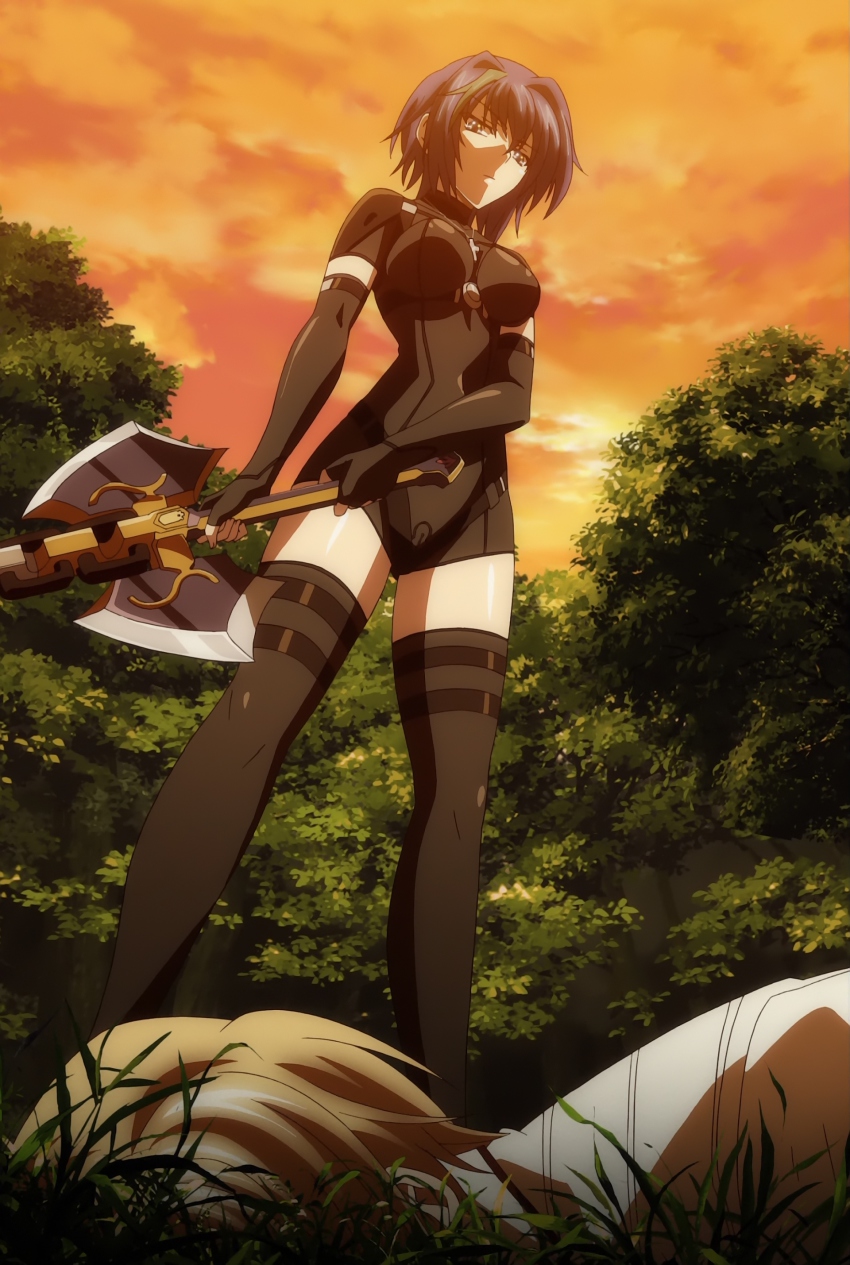 10s 1girl absurdres blue_hair bodysuit cross cross_necklace excalibur_(mythology) female_focus from_below high_school_dxd highres jewelry necklace screencap short_hair skin_tight solo standing twilight xenovia_quarta